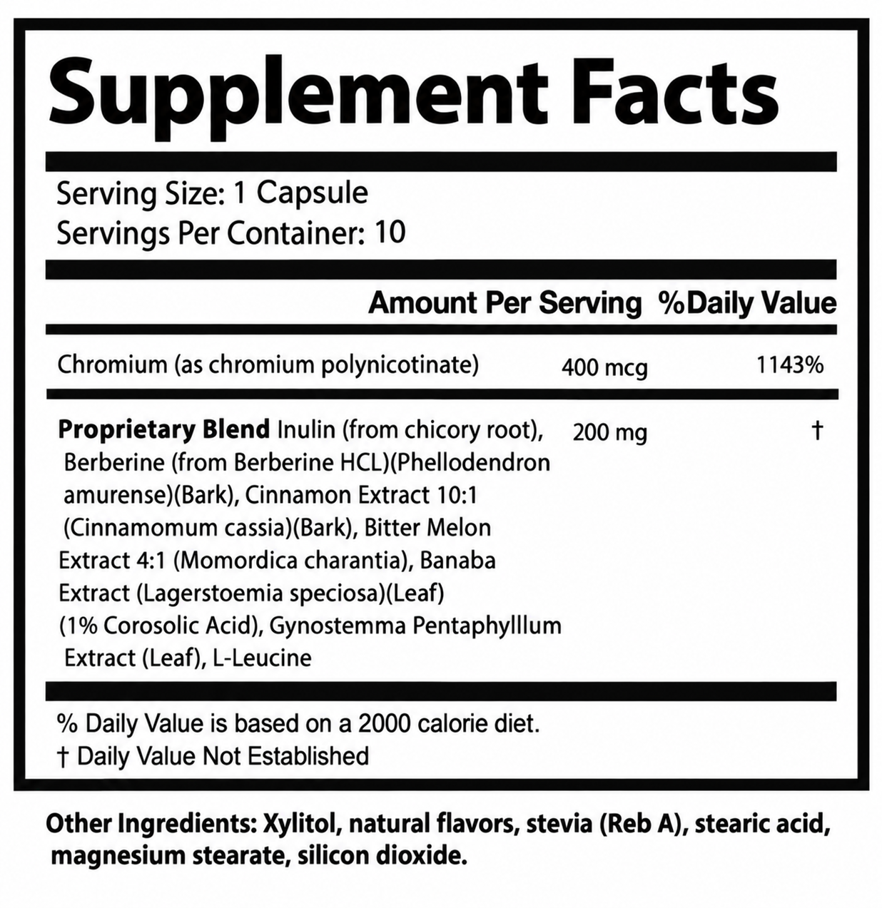 Berberine Complex Supplement Facts label (10 Day Supply - 10 Capsules)