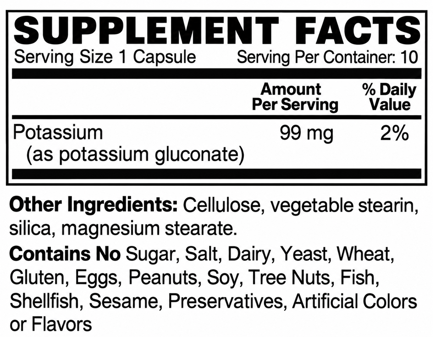 Potassium Supplement Facts label (10 Day Supply - 10 Capsules)